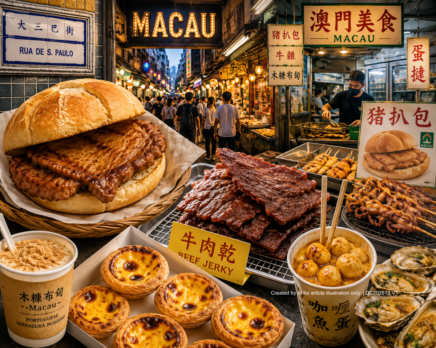 สตรีทฟู้ดมาเก๊า — พอร์กช็อปบัน เนื้อแผ่น และของกินริมทางห้ามพลาด